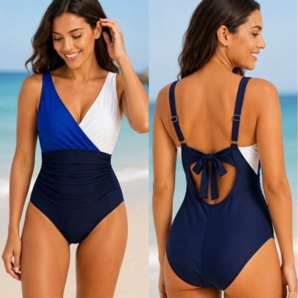 Colorblock Surplice One Piece Swimsuit Womens M White Blue Ruched Tummy‎ Control